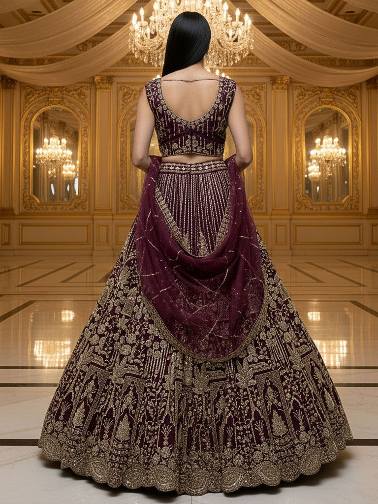 Attractive Wine Hand Work Net Bridal Lehenga Choli With Dupatta