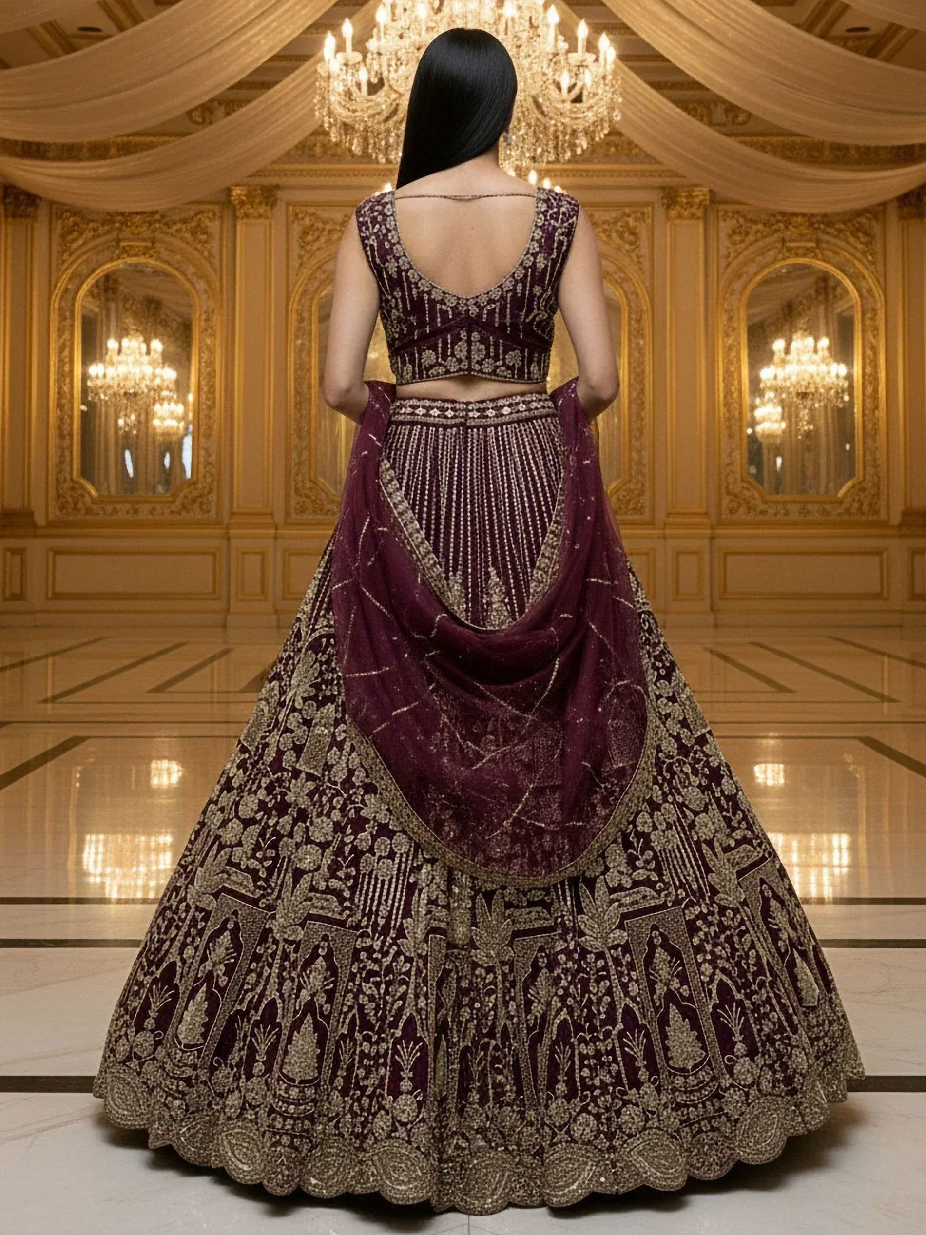 Elegant purple lehenga choli with gold embroidery, back view in luxury hall