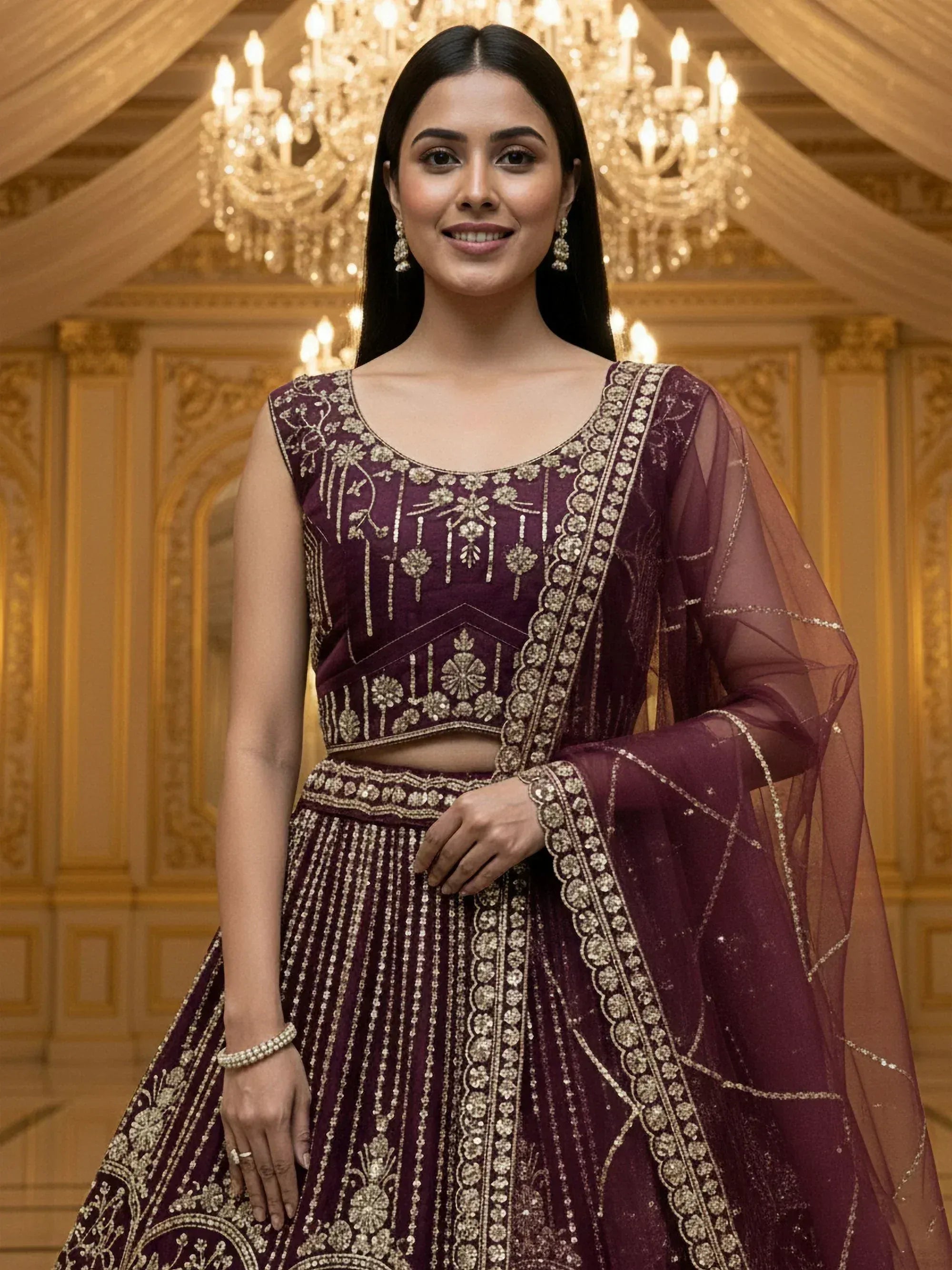Elegant purple lehenga choli with gold embroidery, perfect for Indian weddings and festive occasions.