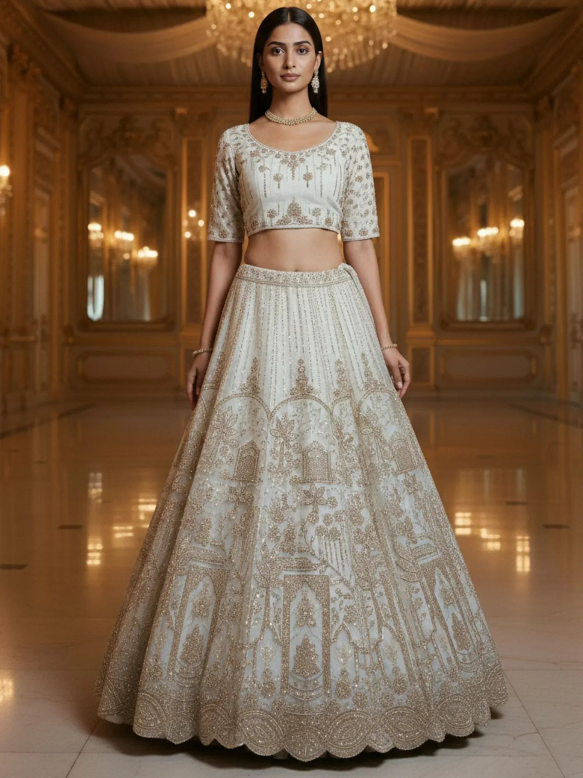 Elegant ivory lehenga choli with gold embroidery, perfect for weddings and festive occasions.