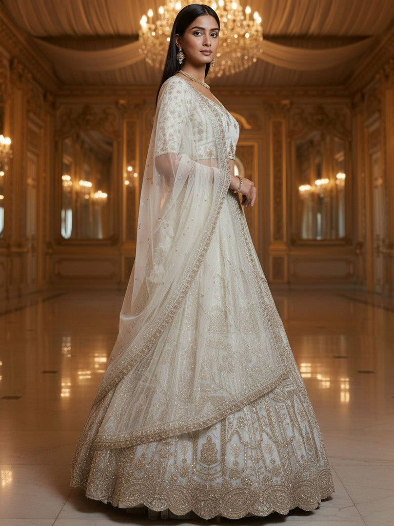 Precious White Dori Embroidered Net Bridal Lehenga Choli With Dupatta