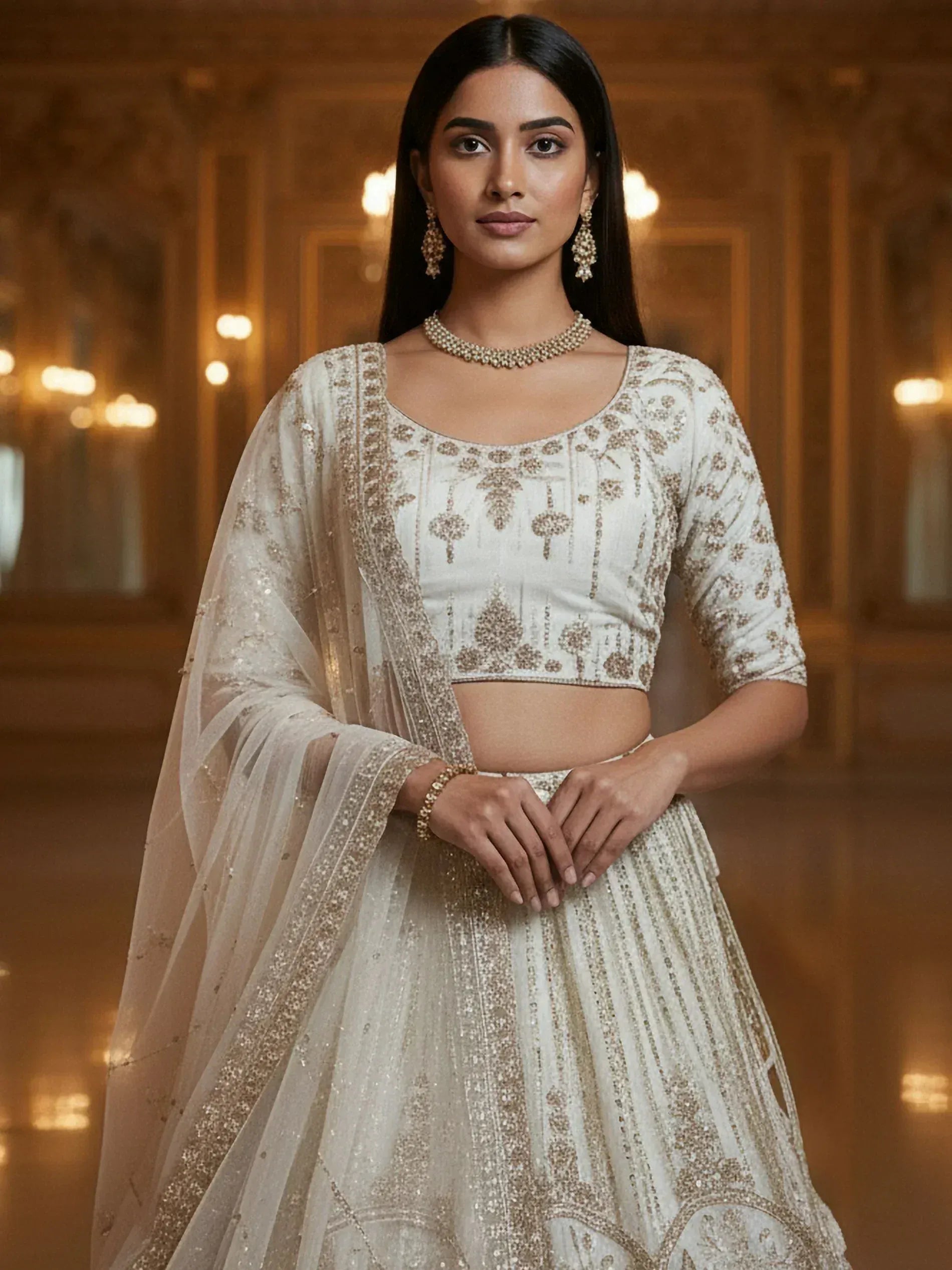 Elegant white and gold embroidered lehenga choli with sheer dupatta, perfect for Indian weddings and festive occasions.
