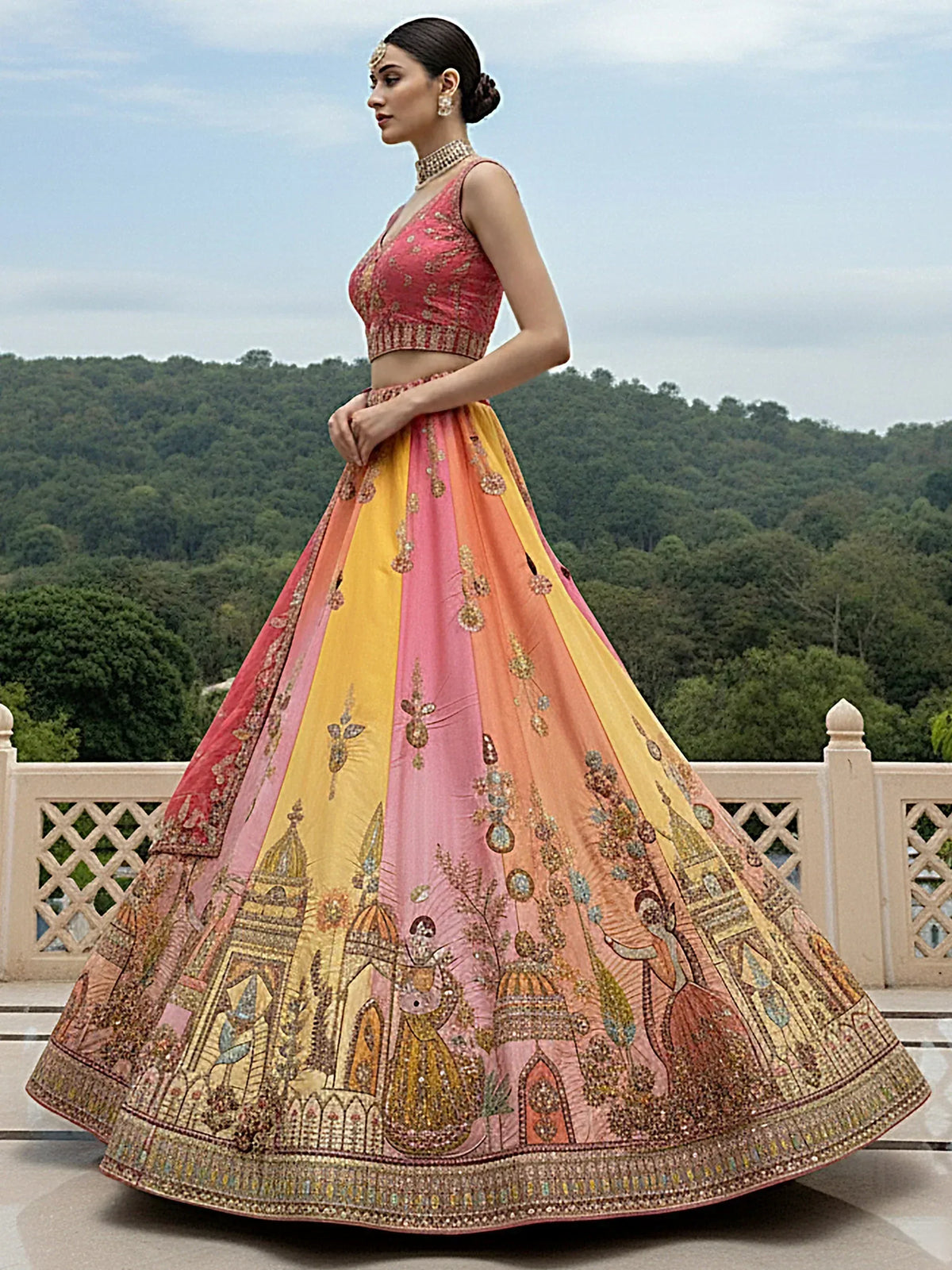 Elegant Indian lehenga choli with intricate embroidery and vibrant colors, perfect for ethnic celebrations.