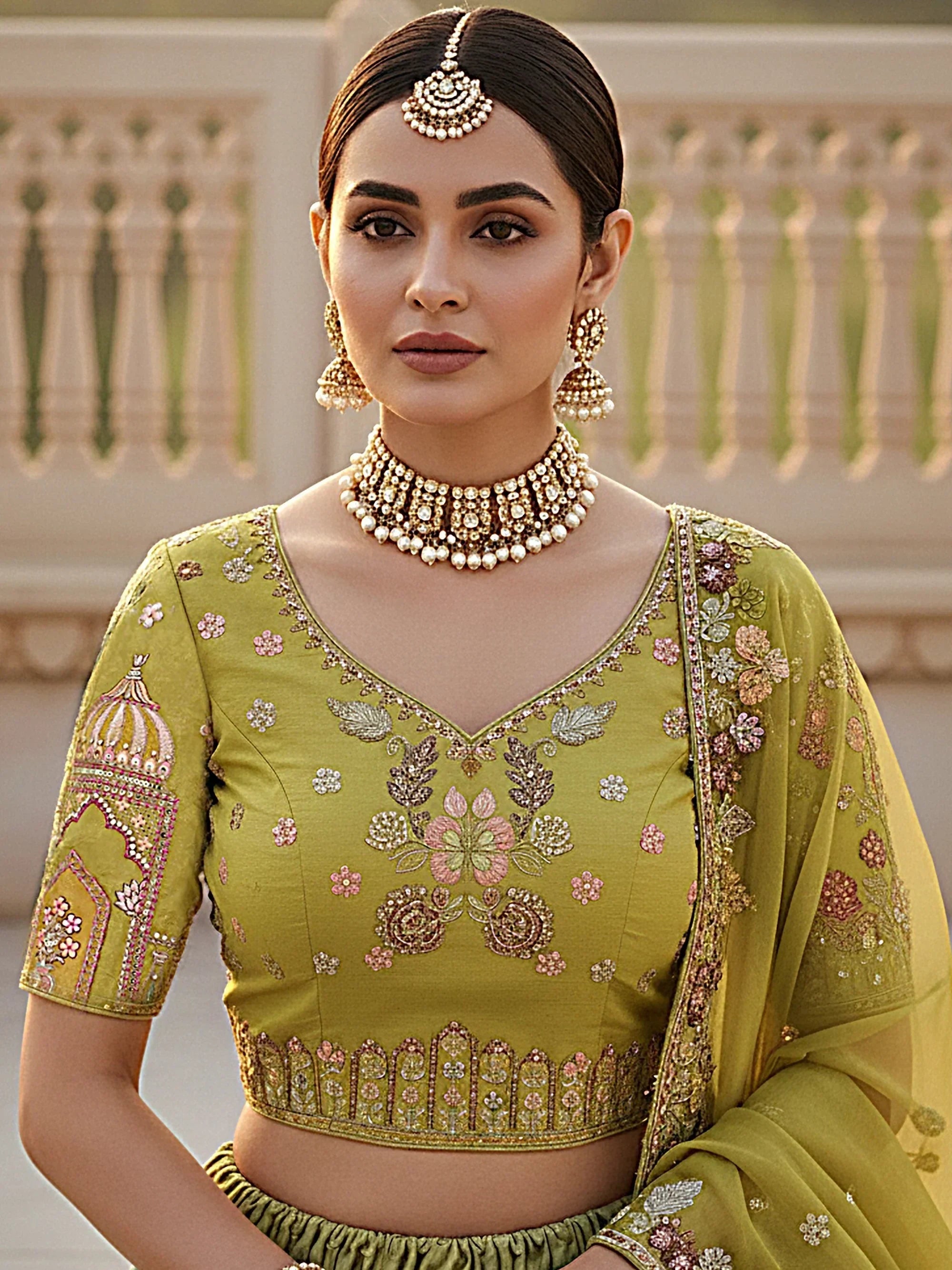 Classic Green Thread Embroidered Silk Wedding Wear Lehenga Choli 