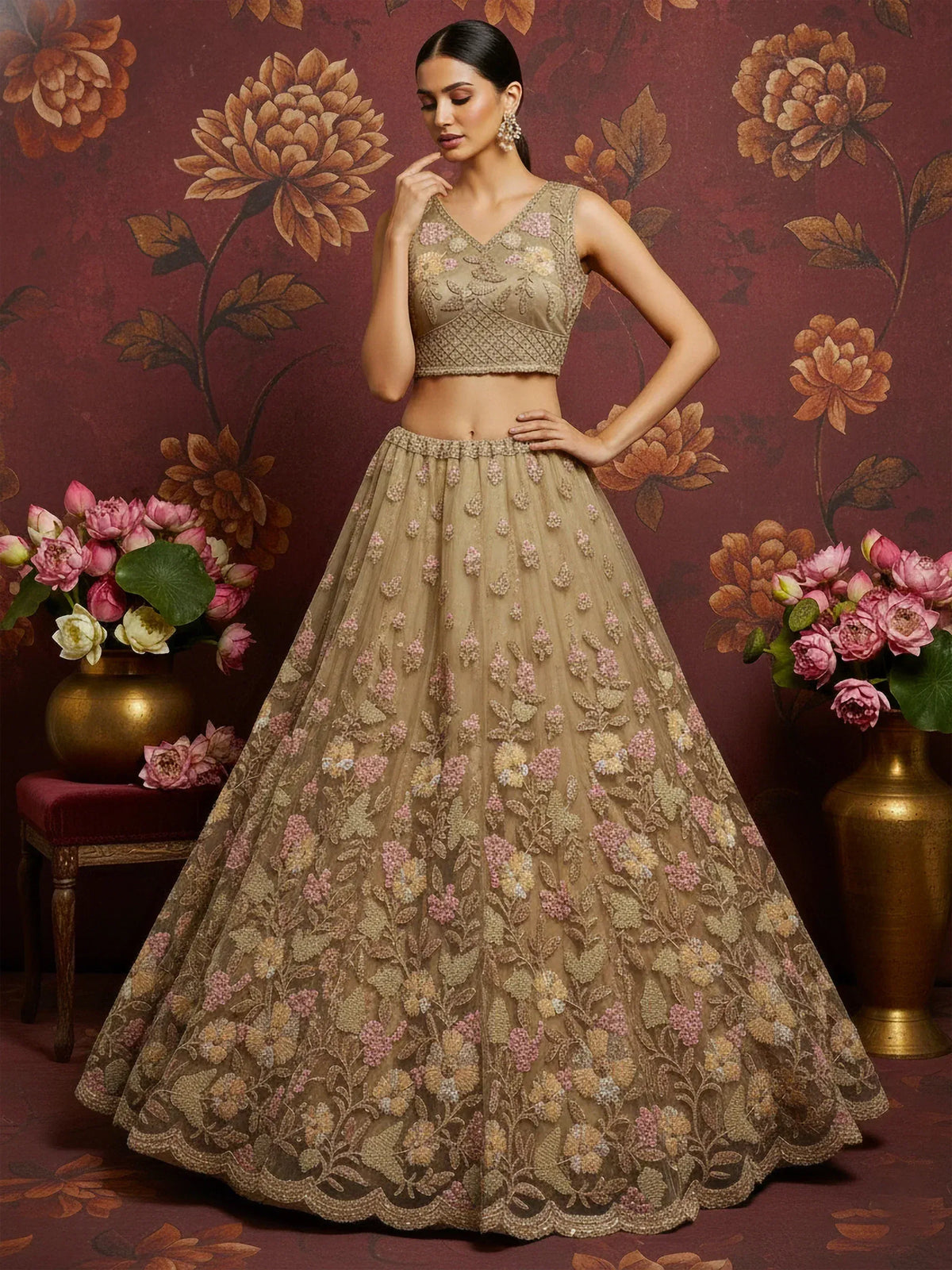 Elegant beige lehenga choli with floral embroidery, perfect for Indian ethnic wear occasions.