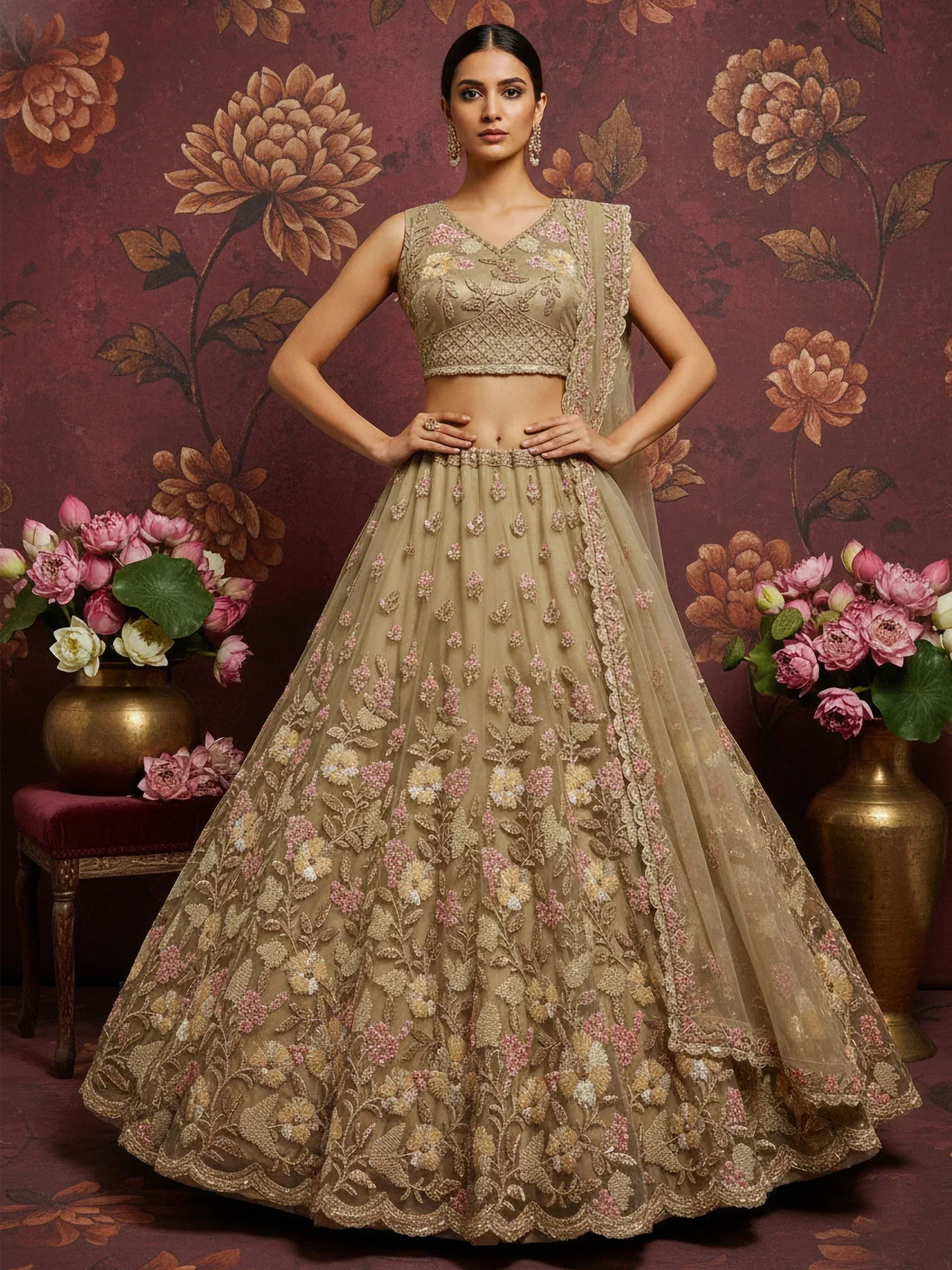 Beige floral embroidered lehenga choli with dupatta, Indian ethnic wear for weddings and parties