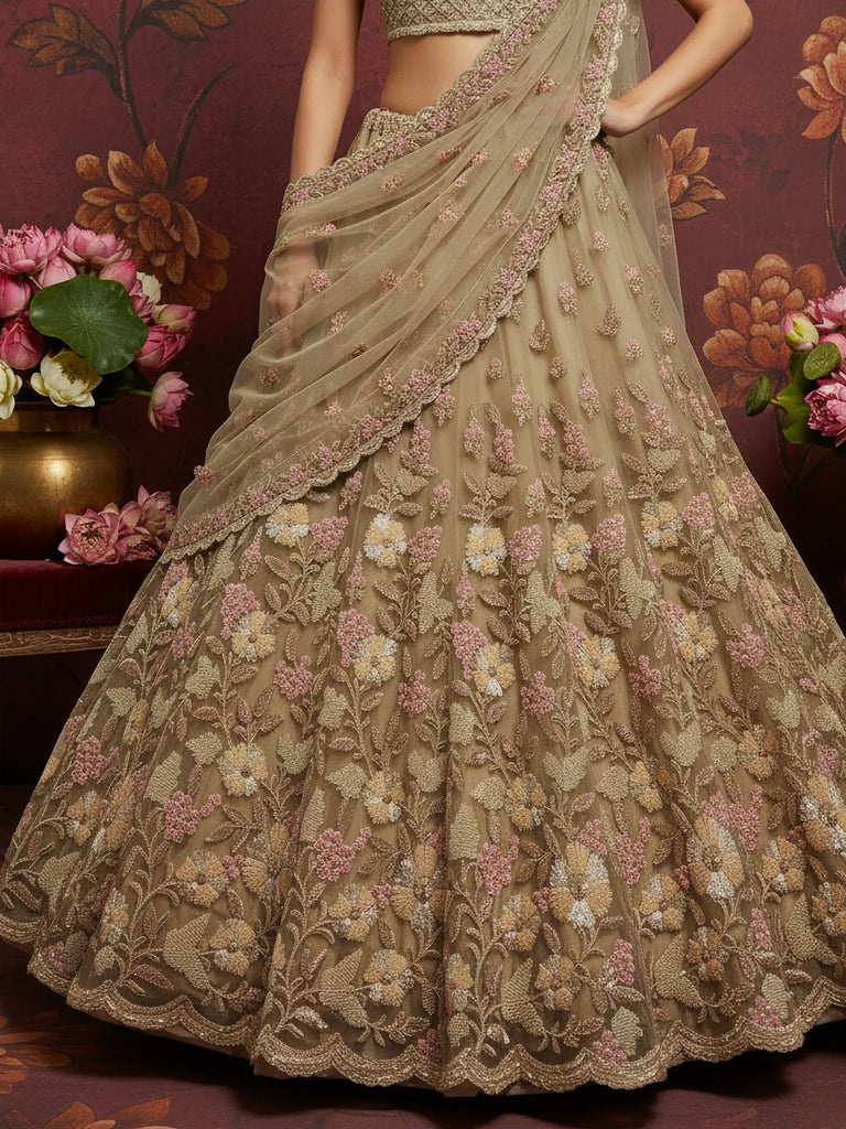 Beautiful Beige Sequins Net Bridesmaid Lehenga Choli With Dupatta