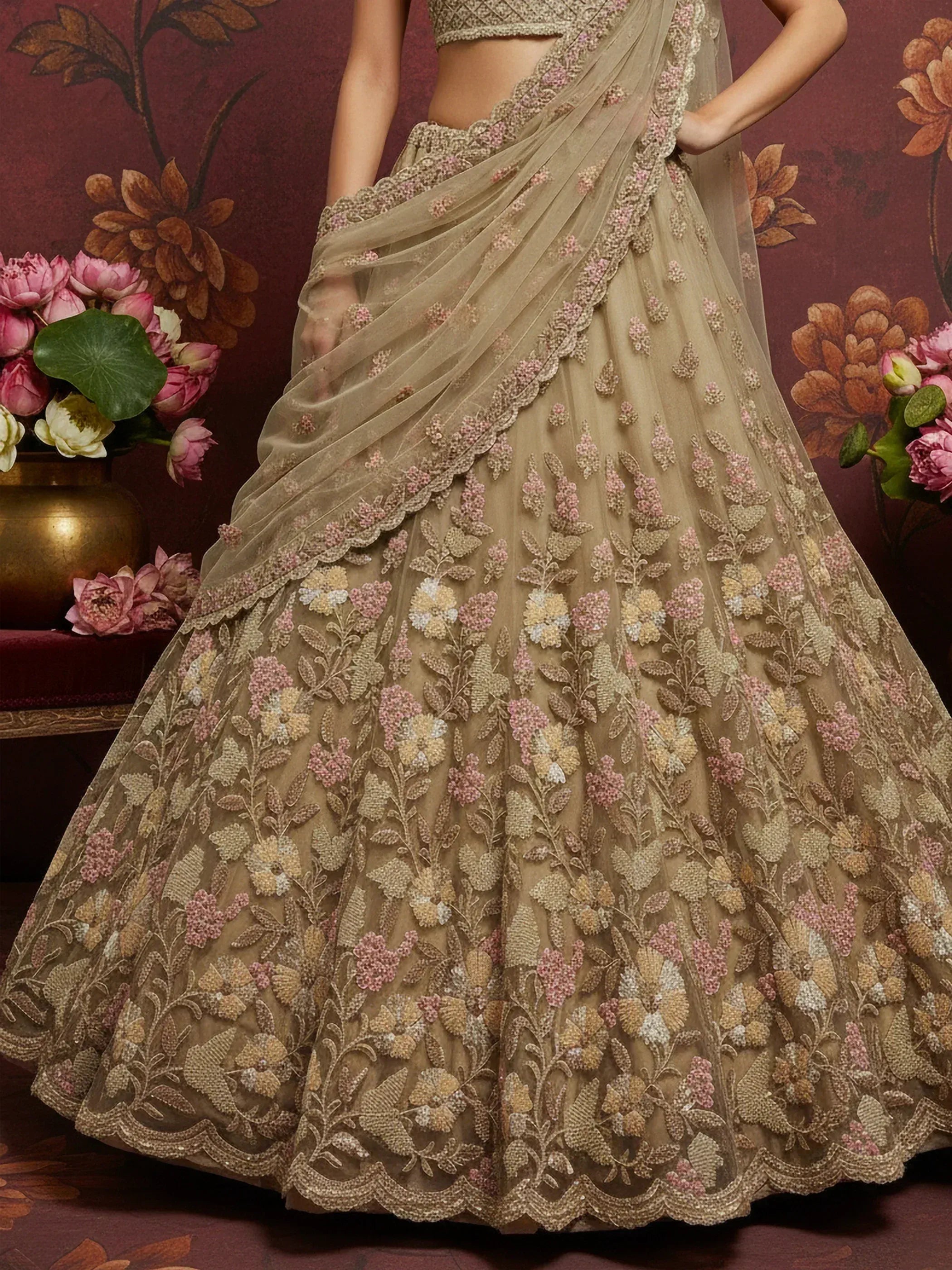 Beige floral embroidered lehenga choli with sheer dupatta, Indian ethnic wear for weddings