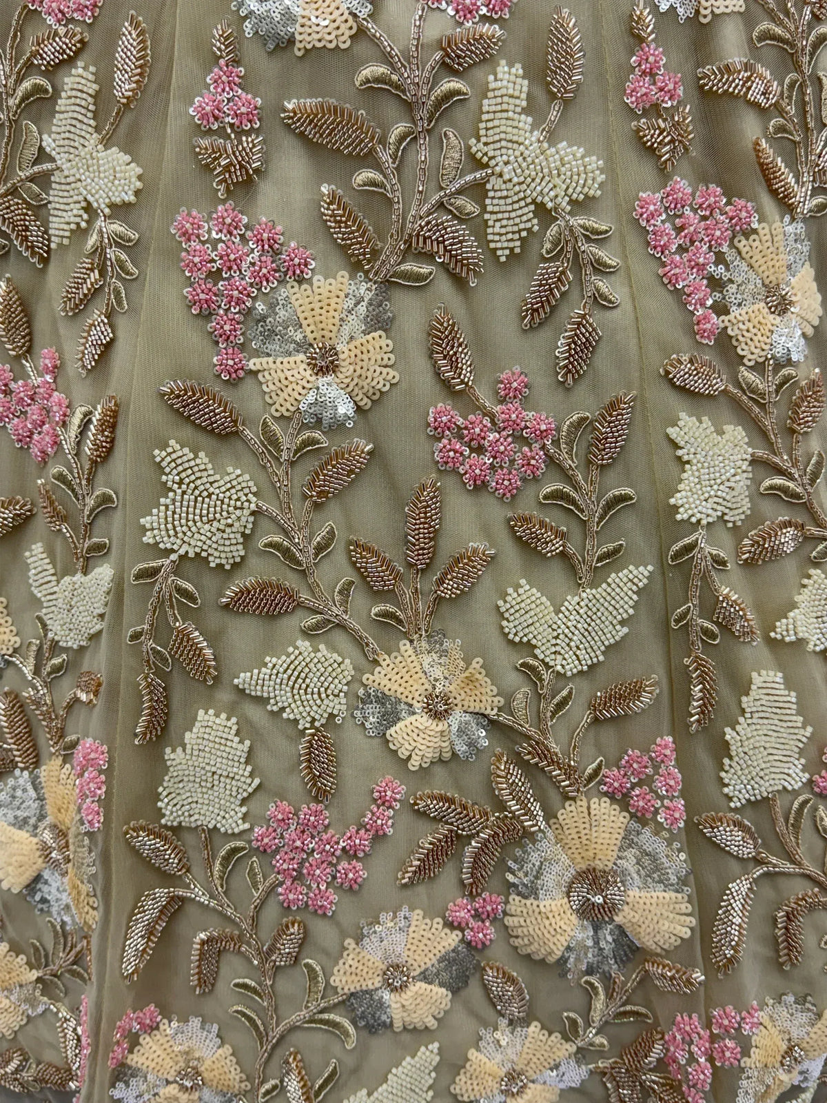 Floral beaded embroidery on ethnic wear fabric with pink, gold, and cream details