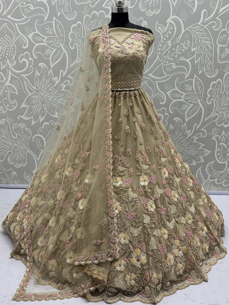Beautiful Beige Sequins Net Bridesmaid Lehenga Choli With Dupatta