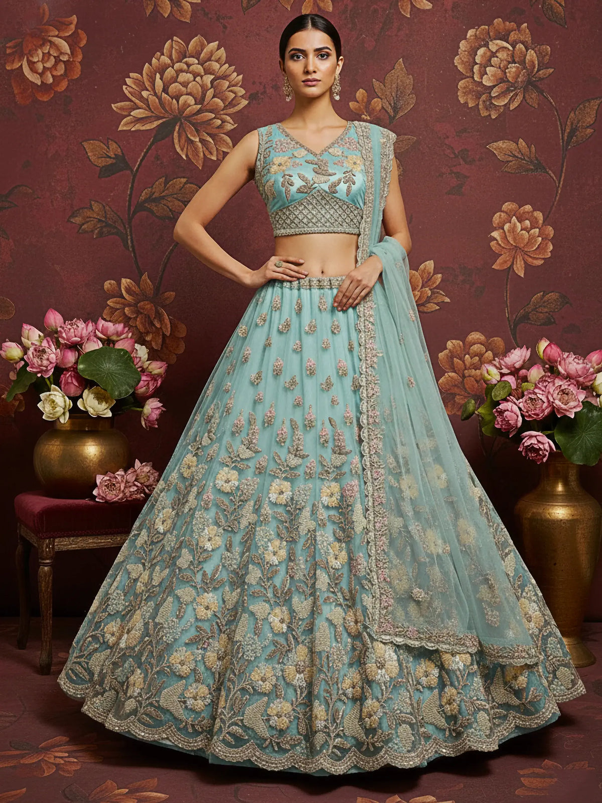 Marvelous Sky-Blue Embroidered Net Designer Lehenga Choli With Dupatta