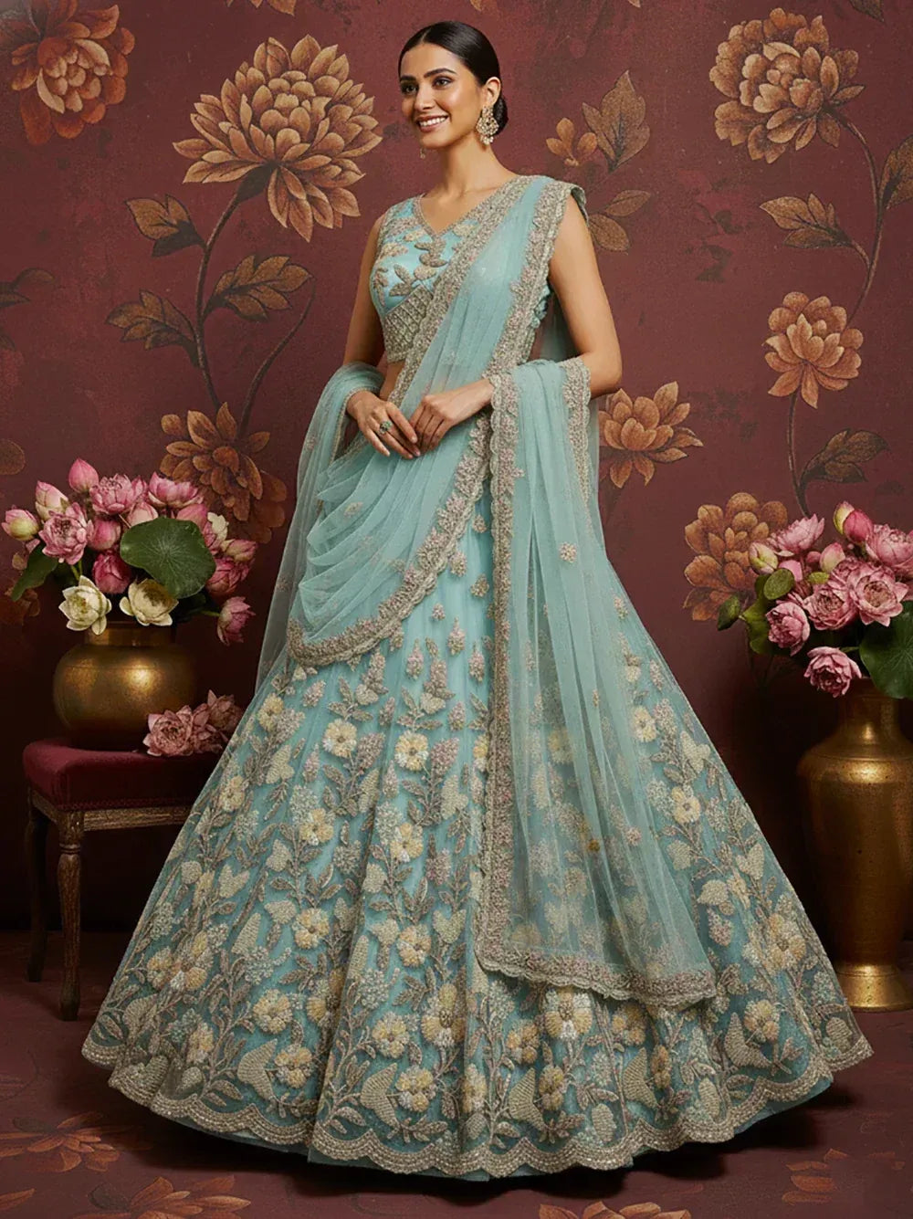 Elegant turquoise lehenga choli with floral embroidery, perfect for Indian ethnic wear occasions.