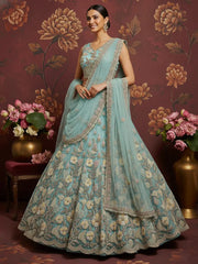 Marvelous Sky-Blue Embroidered Net Designer Lehenga Choli With Dupatta