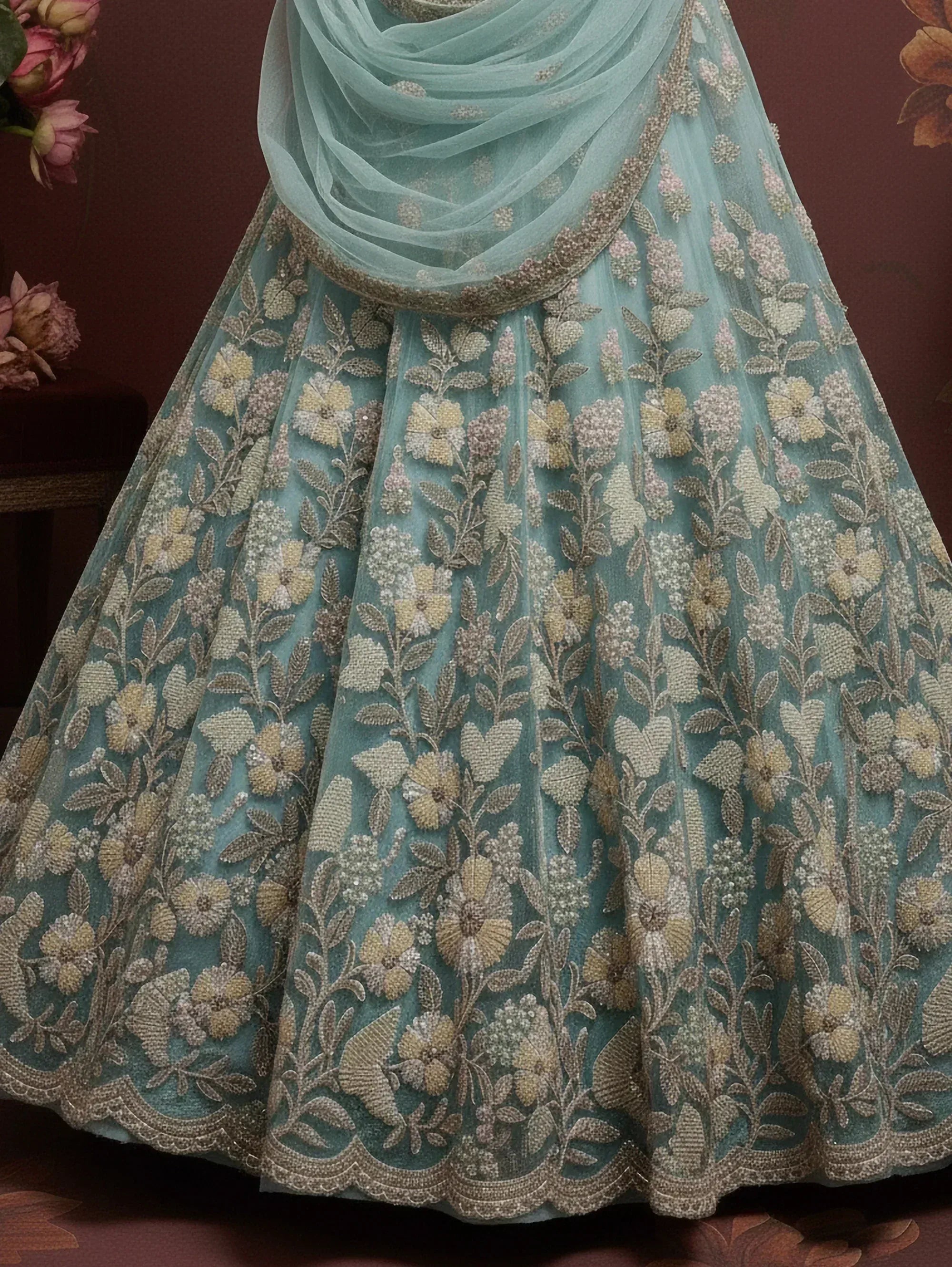 Teal floral embroidered lehenga with matching dupatta, Indian ethnic wear for weddings and festivals