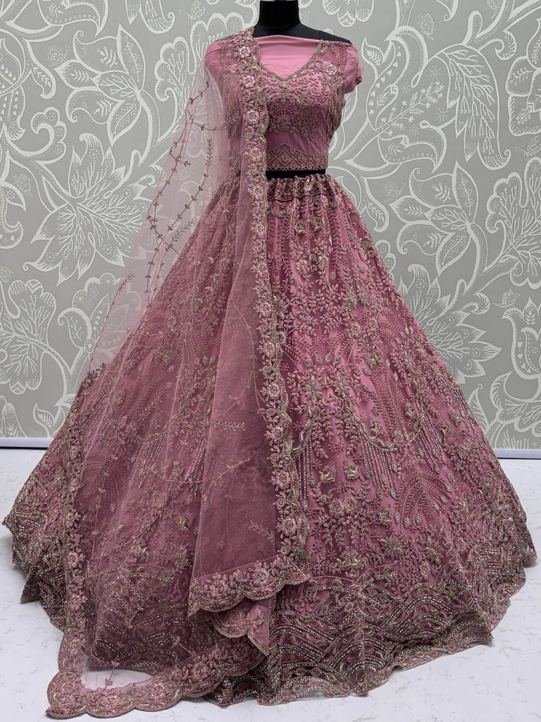 Fabulous Pink Diamond Work Net Reception Wear Lehenga Choli 
