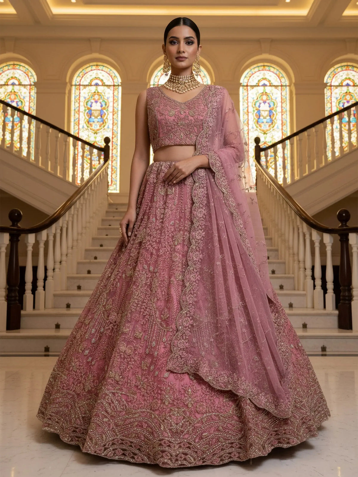 Fabulous Pink Diamond Work Net Reception Wear Lehenga Choli 