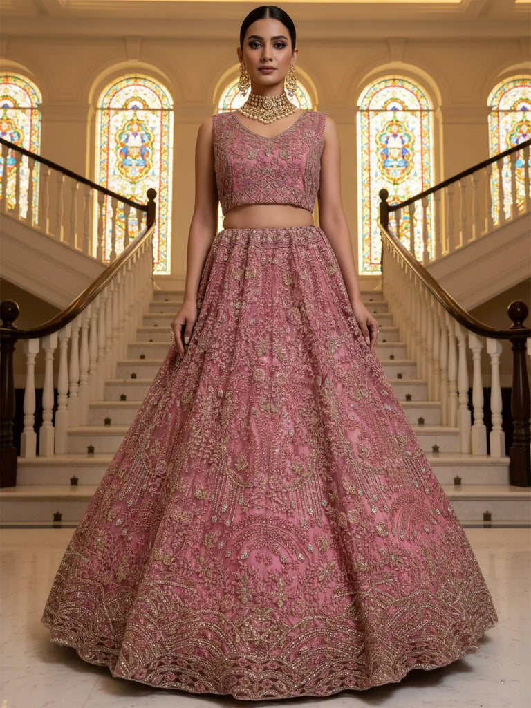 Fabulous Pink Diamond Work Net Reception Wear Lehenga Choli 