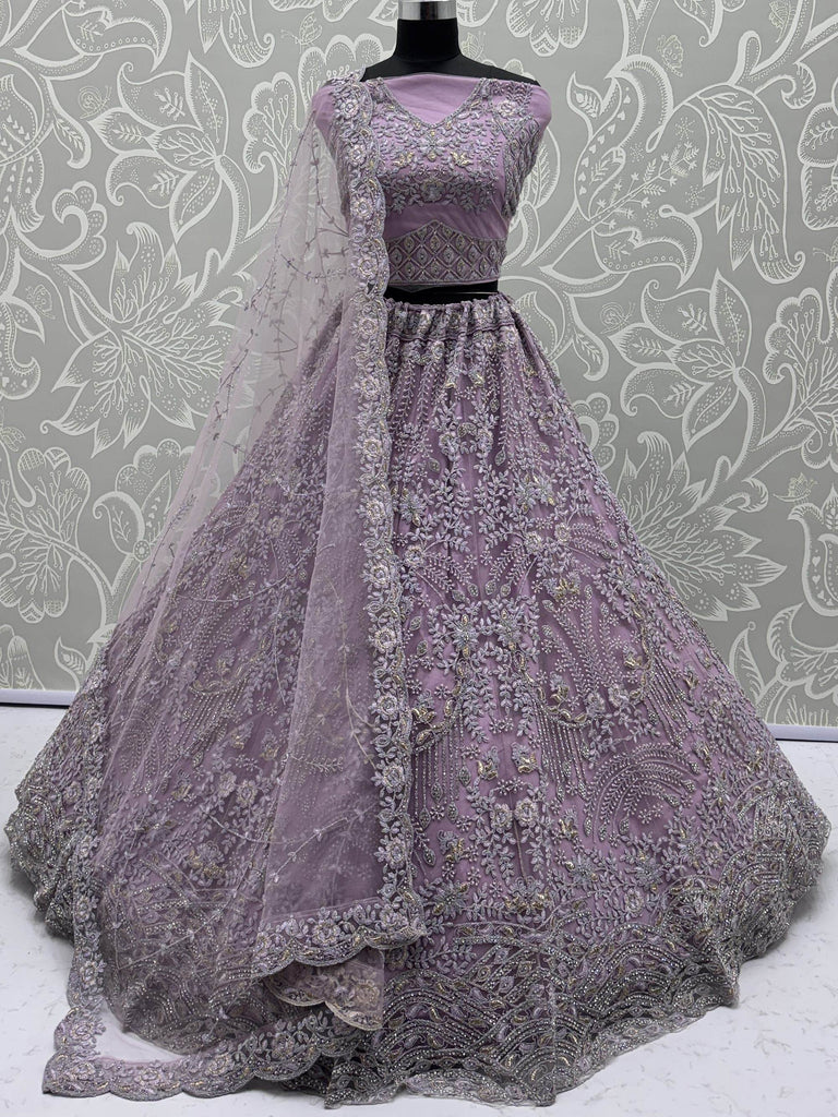Amazing Lilac Thread Embroidered Net Party Wear Lehenga Choli