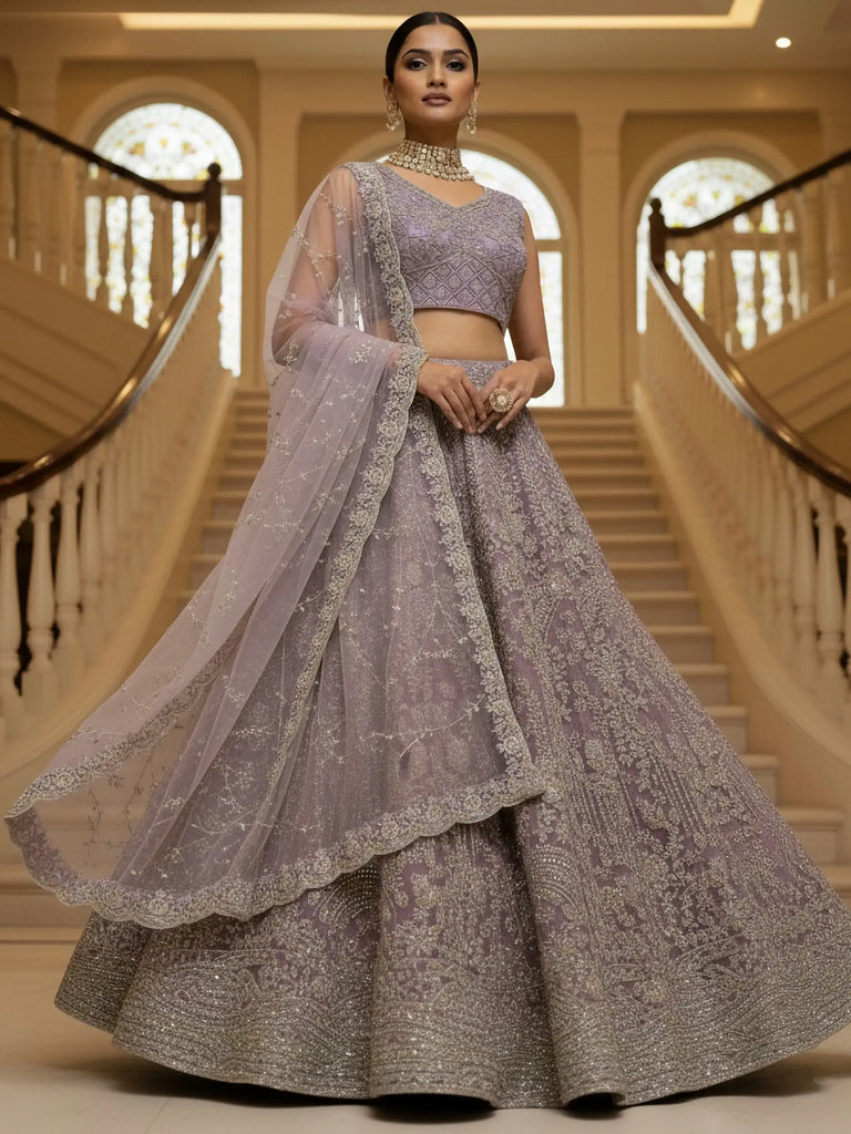 Amazing Lilac Thread Embroidered Net Party Wear Lehenga Choli