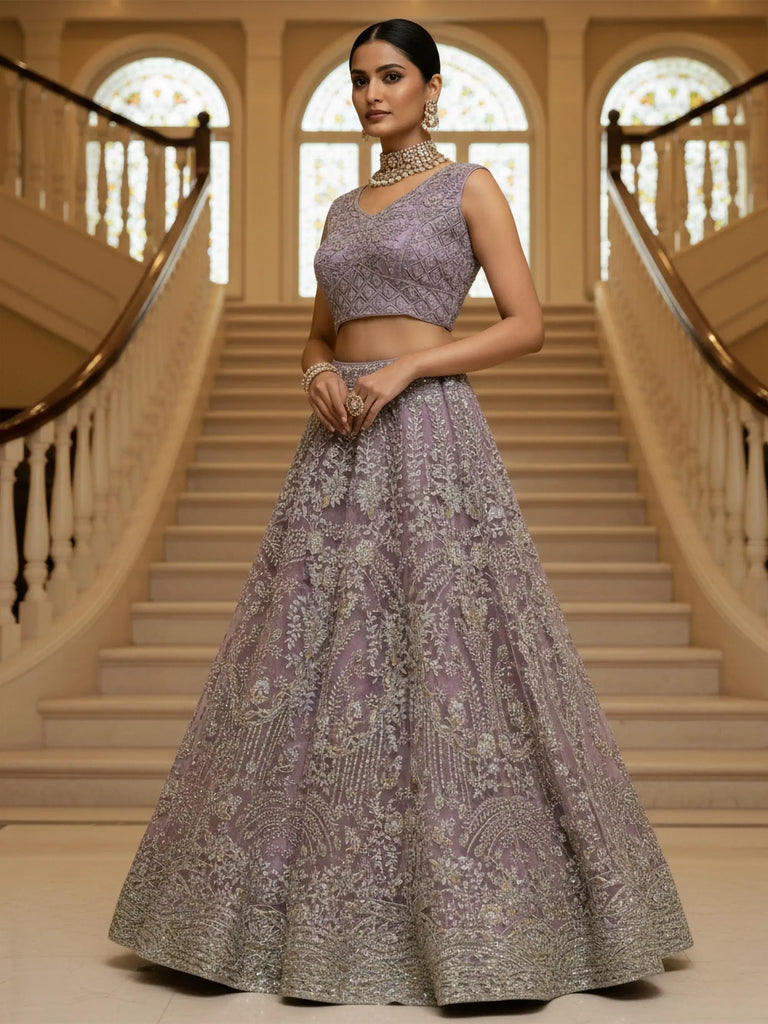 Amazing Lilac Thread Embroidered Net Party Wear Lehenga Choli