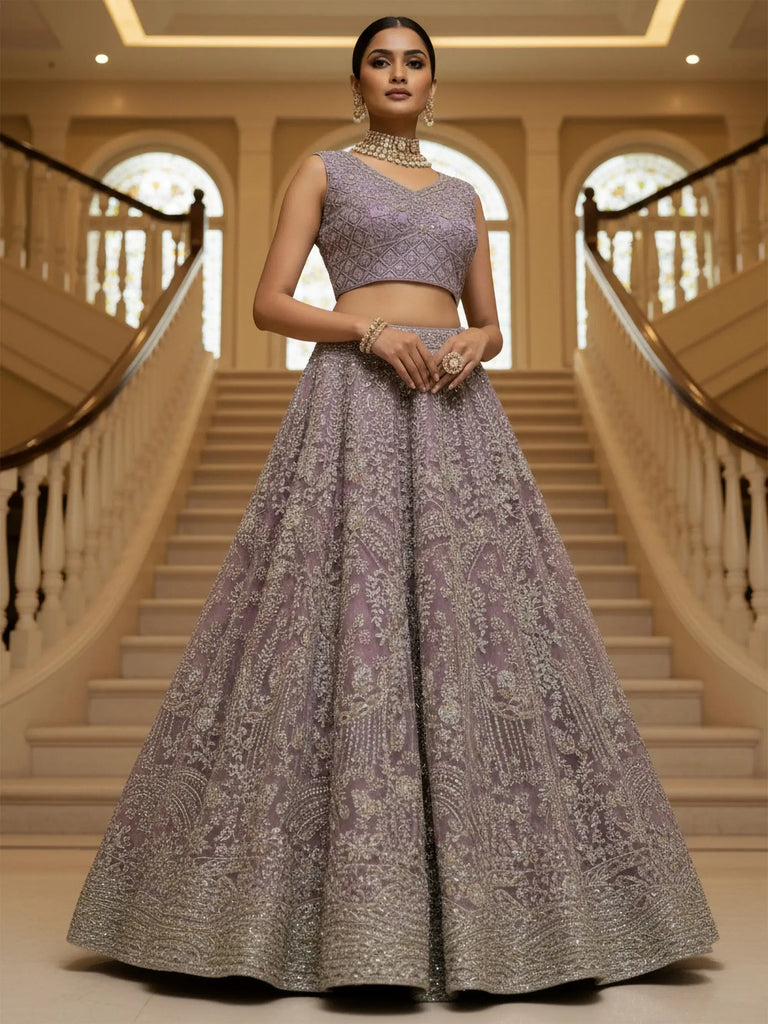 Amazing Lilac Thread Embroidered Net Party Wear Lehenga Choli