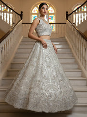 Awesome White Thread Embroidered Net Engagement Wear Lehenga Choli 