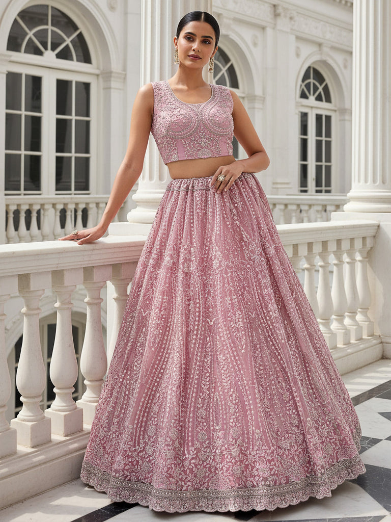 Adorable Peach Heavy Embroidered Net Reception Wear Lehenga Choli