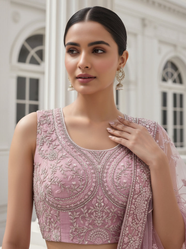 Adorable Peach Heavy Embroidered Net Reception Wear Lehenga Choli