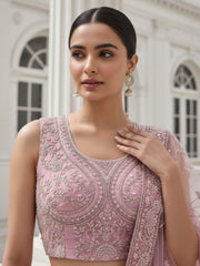 Adorable Peach Heavy Embroidered Net Reception Wear Lehenga Choli