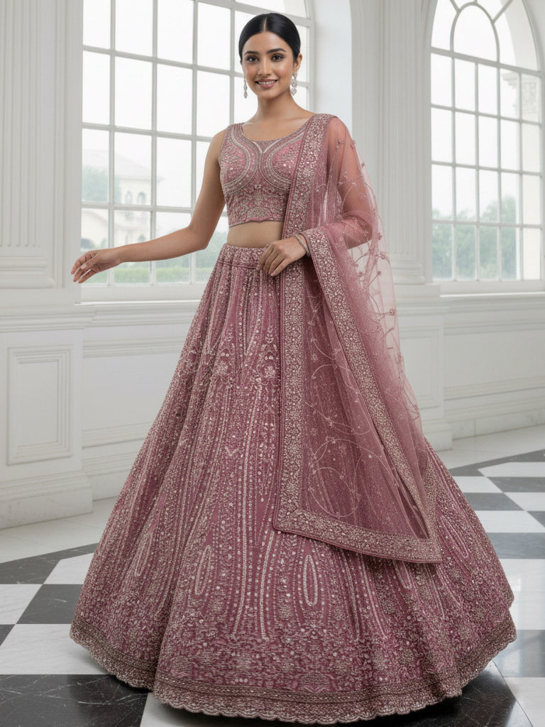 Charming Pink Diamond Work Net Party Wear Lehenga Choli