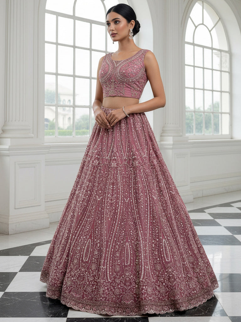 Charming Pink Diamond Work Net Party Wear Lehenga Choli