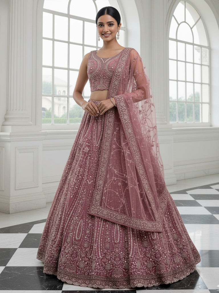 Charming Pink Diamond Work Net Party Wear Lehenga Choli