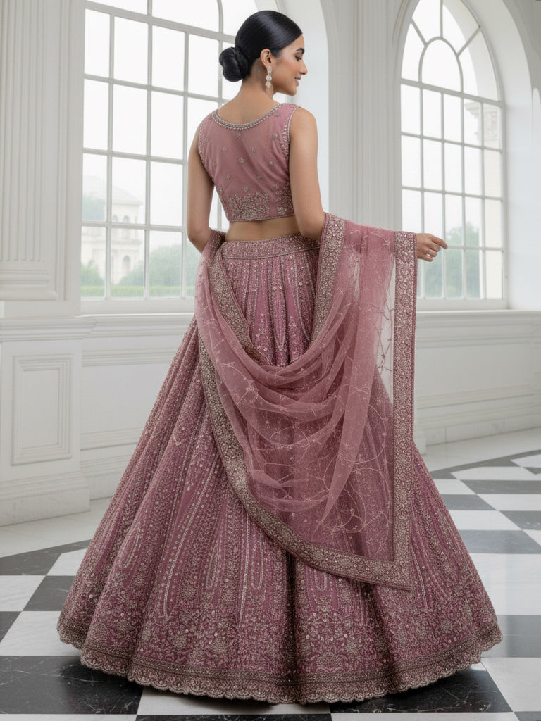 Charming Pink Diamond Work Net Party Wear Lehenga Choli