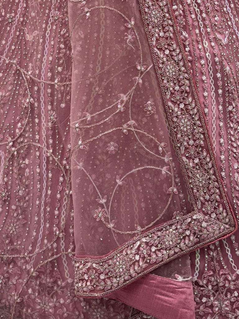 Charming Pink Diamond Work Net Party Wear Lehenga Choli