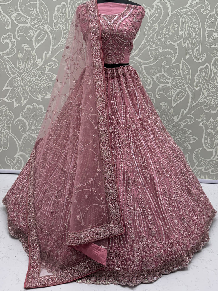 Charming Pink Diamond Work Net Party Wear Lehenga Choli