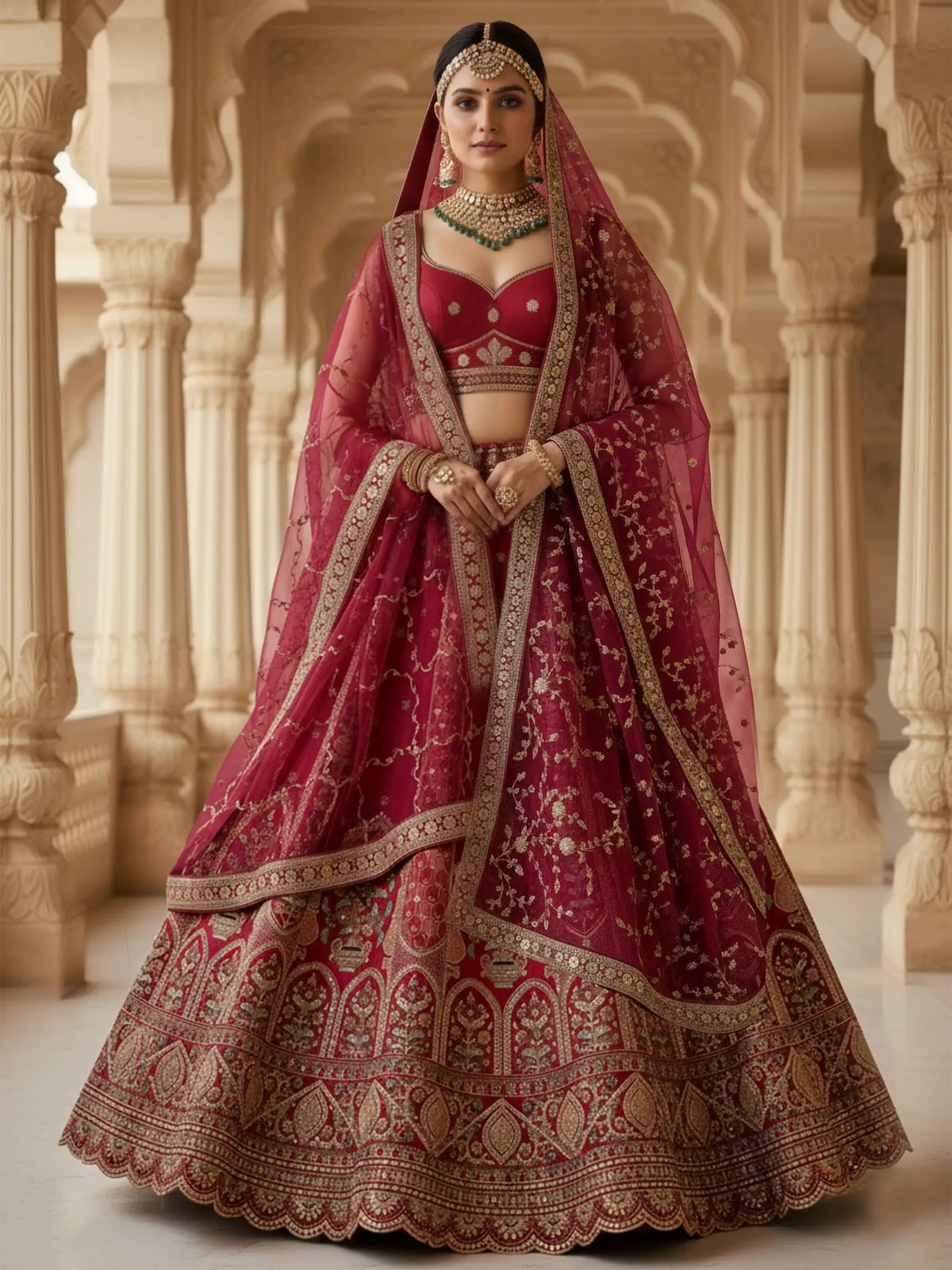 Pretty Red Embroidered Silk Bridal Lehenga Choli With Double Dupatta