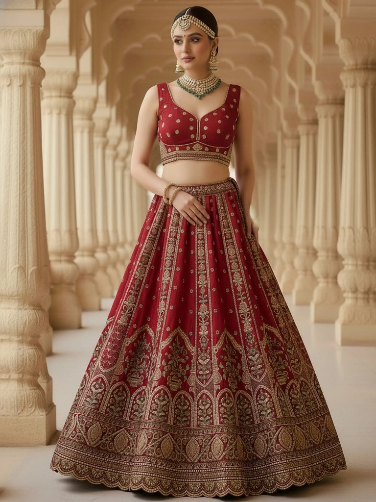 Pretty Red Embroidered Silk Bridal Lehenga Choli With Double Dupatta