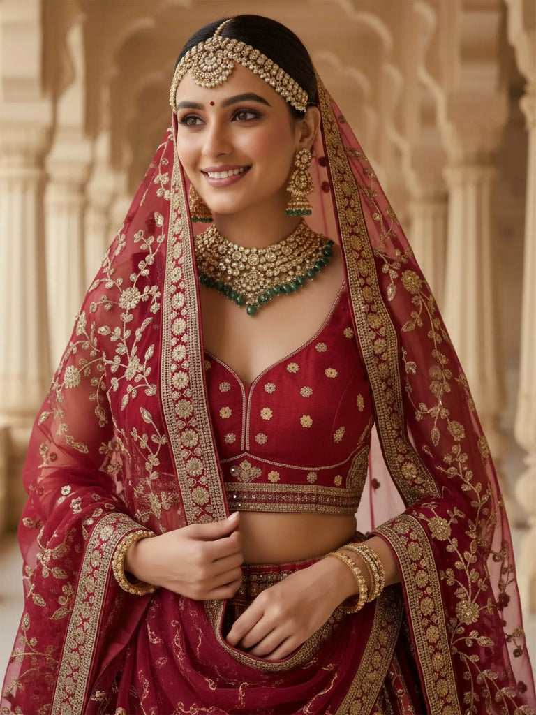 Pretty Red Embroidered Silk Bridal Lehenga Choli With Double Dupatta
