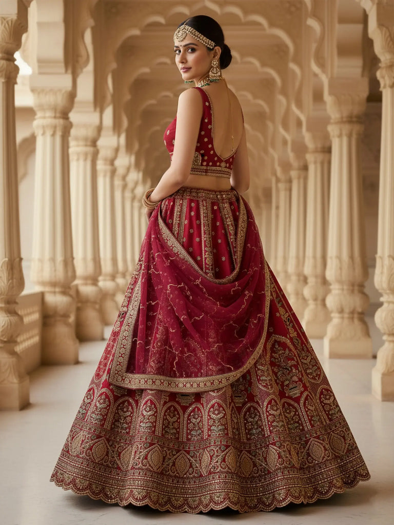 Pretty Red Embroidered Silk Bridal Lehenga Choli With Double Dupatta