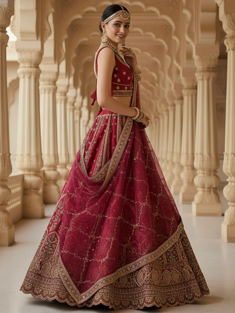 Pretty Red Embroidered Silk Bridal Lehenga Choli With Double Dupatta