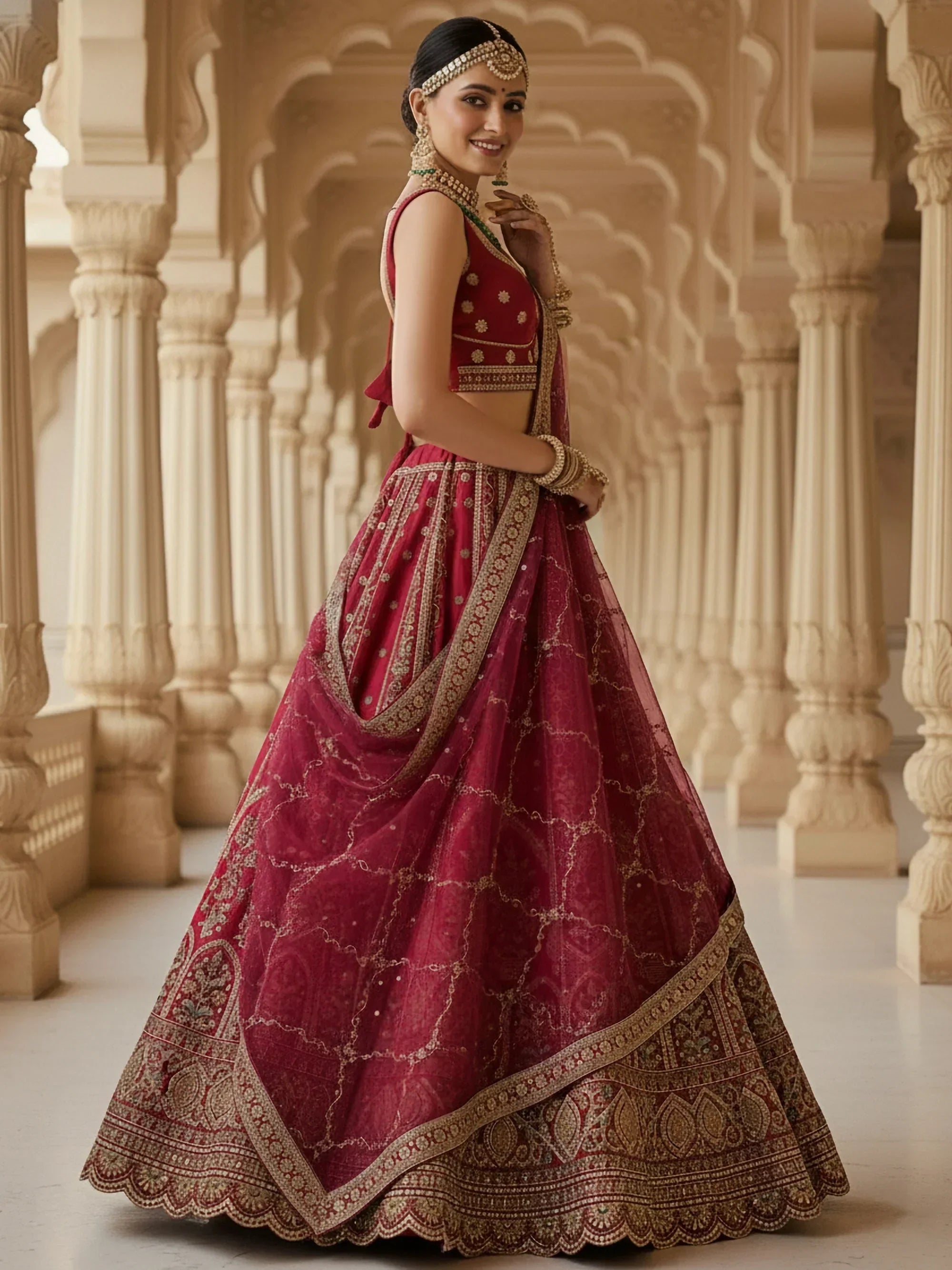 Pretty Red Embroidered Silk Bridal Lehenga Choli With Double Dupatta