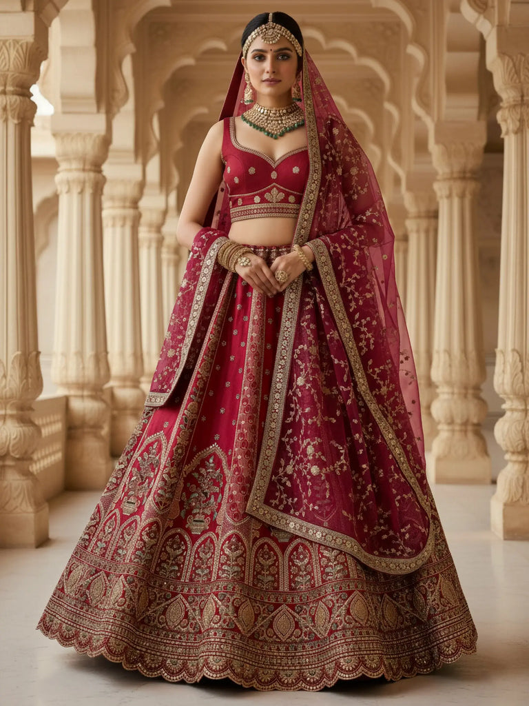 Pretty Red Embroidered Silk Bridal Lehenga Choli With Double Dupatta