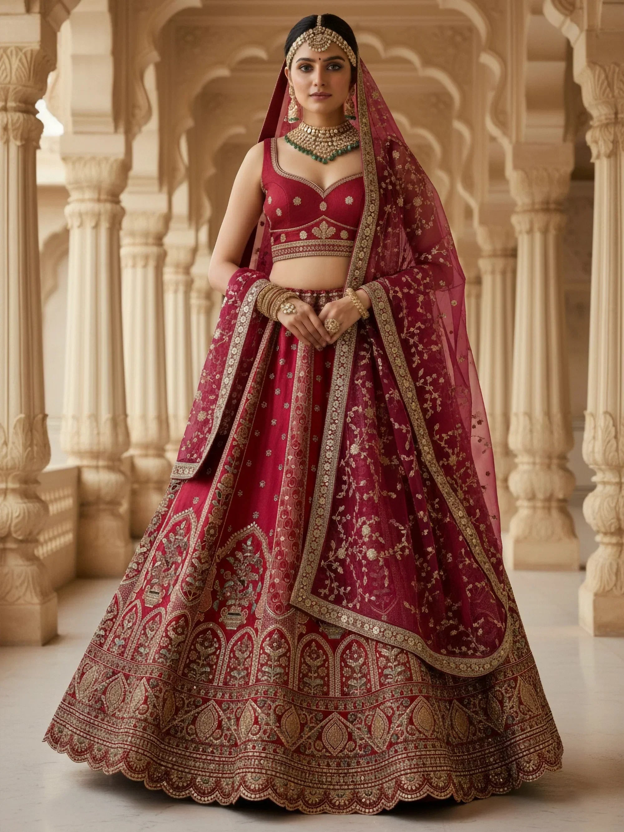 Pretty Red Embroidered Silk Bridal Lehenga Choli With Double Dupatta