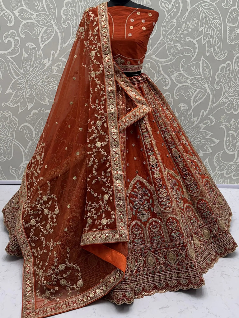 Attractive Orange Heavy Silk Bridal Lehenga Choli With Double Dupatta