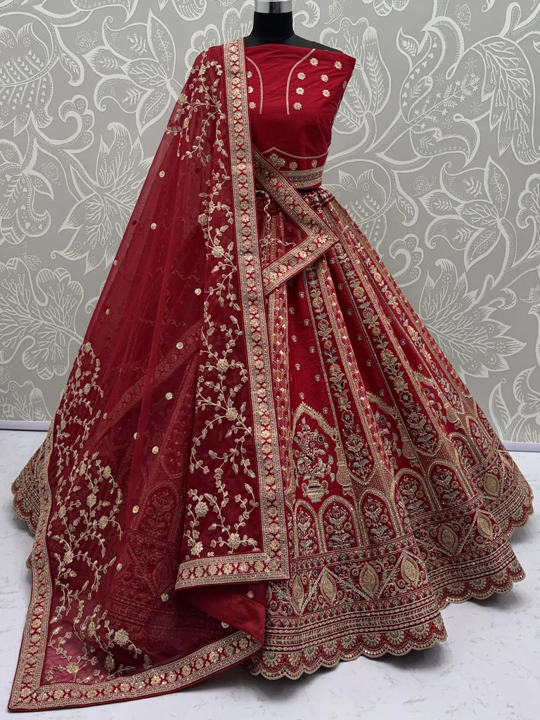 Pretty Red Embroidered Silk Bridal Lehenga Choli With Double Dupatta