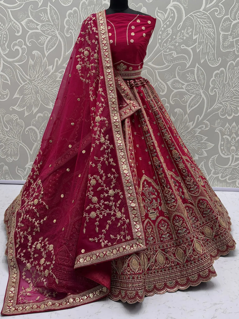 Elegant Pink Embroidered Silk Bridal Lehenga Choli With Double Dupatta