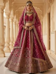 Elegant Pink Embroidered Silk Bridal Lehenga Choli With Double Dupatta