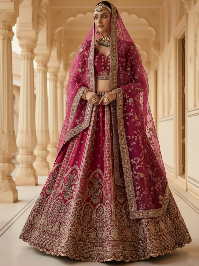 Elegant Pink Embroidered Silk Bridal Lehenga Choli With Double Dupatta