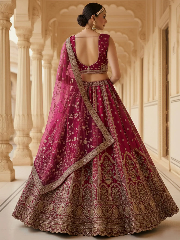 Elegant Pink Embroidered Silk Bridal Lehenga Choli With Double Dupatta