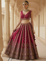 Elegant Pink Embroidered Silk Bridal Lehenga Choli With Double Dupatta